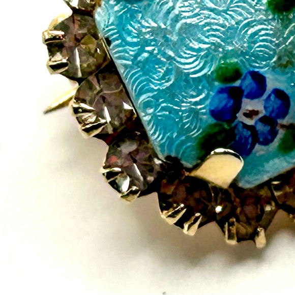 Vintage Guilloche Mid Century Rectangular Enamel Rhinestone Pin Blue Small 50’s - Picture 7 of 14